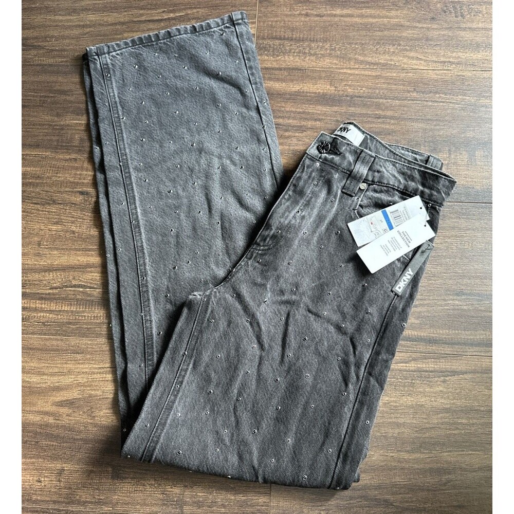 DKNY Jeans Womens Trendy High-Rise Rhinestone Wide-Leg Jeans Washed Noir Gray 25 - Picture 5 of 15